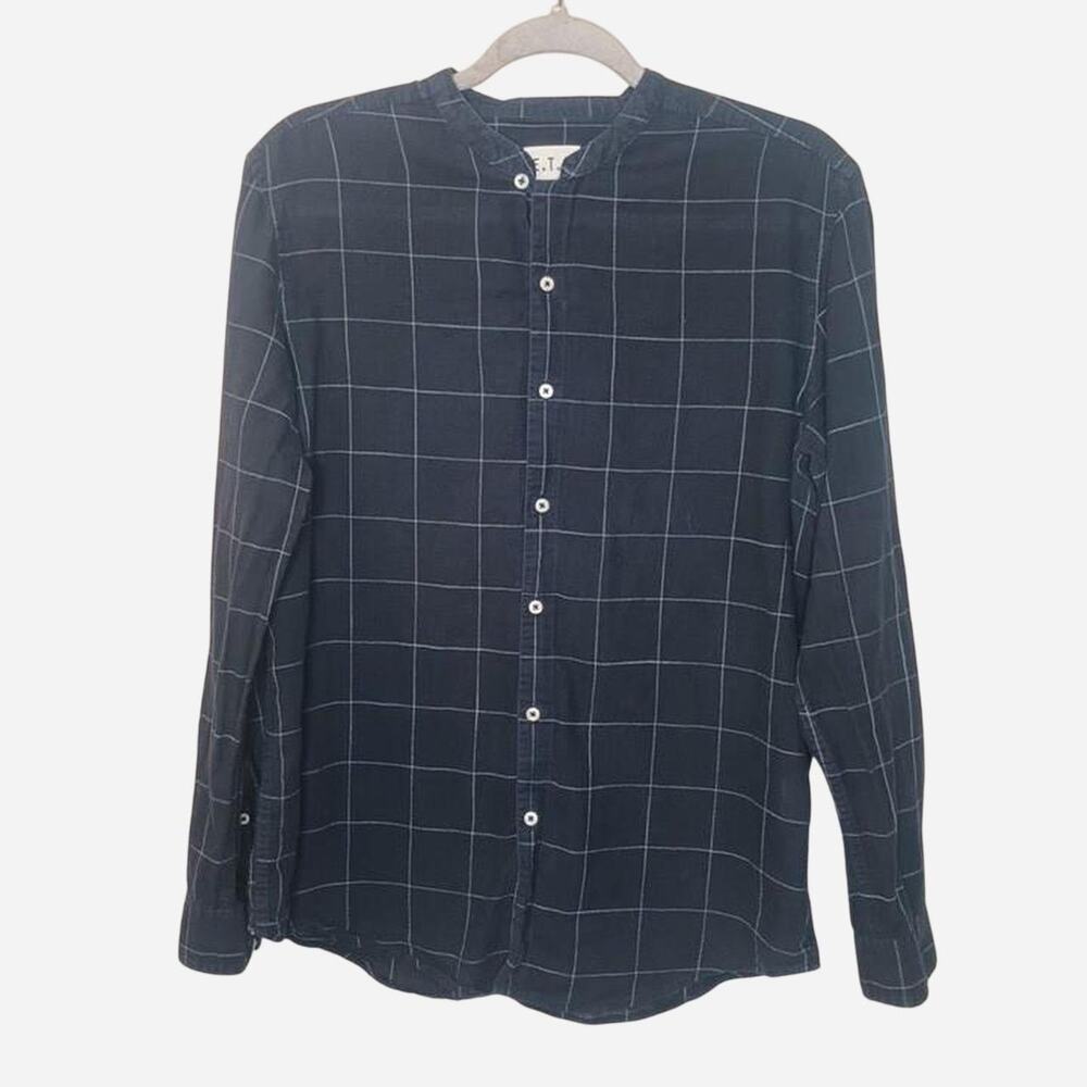 E.T.A Navy Blue White Grid Cotton Button Up Shirt size M